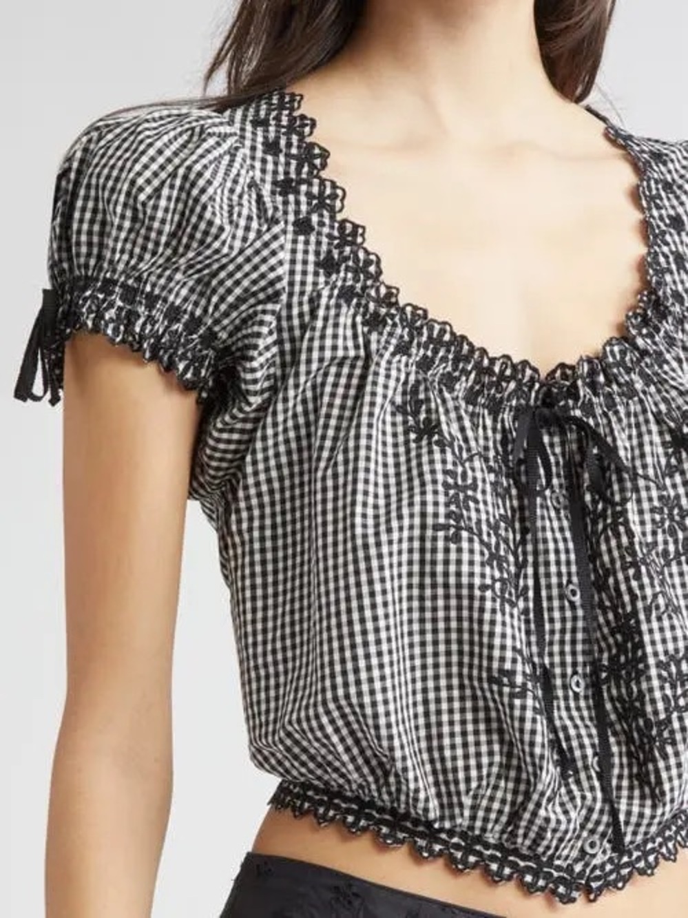 Doen Nera Tie Neck Puff Sleeve Top in Noir La Maddalena Gingham Black White NWT